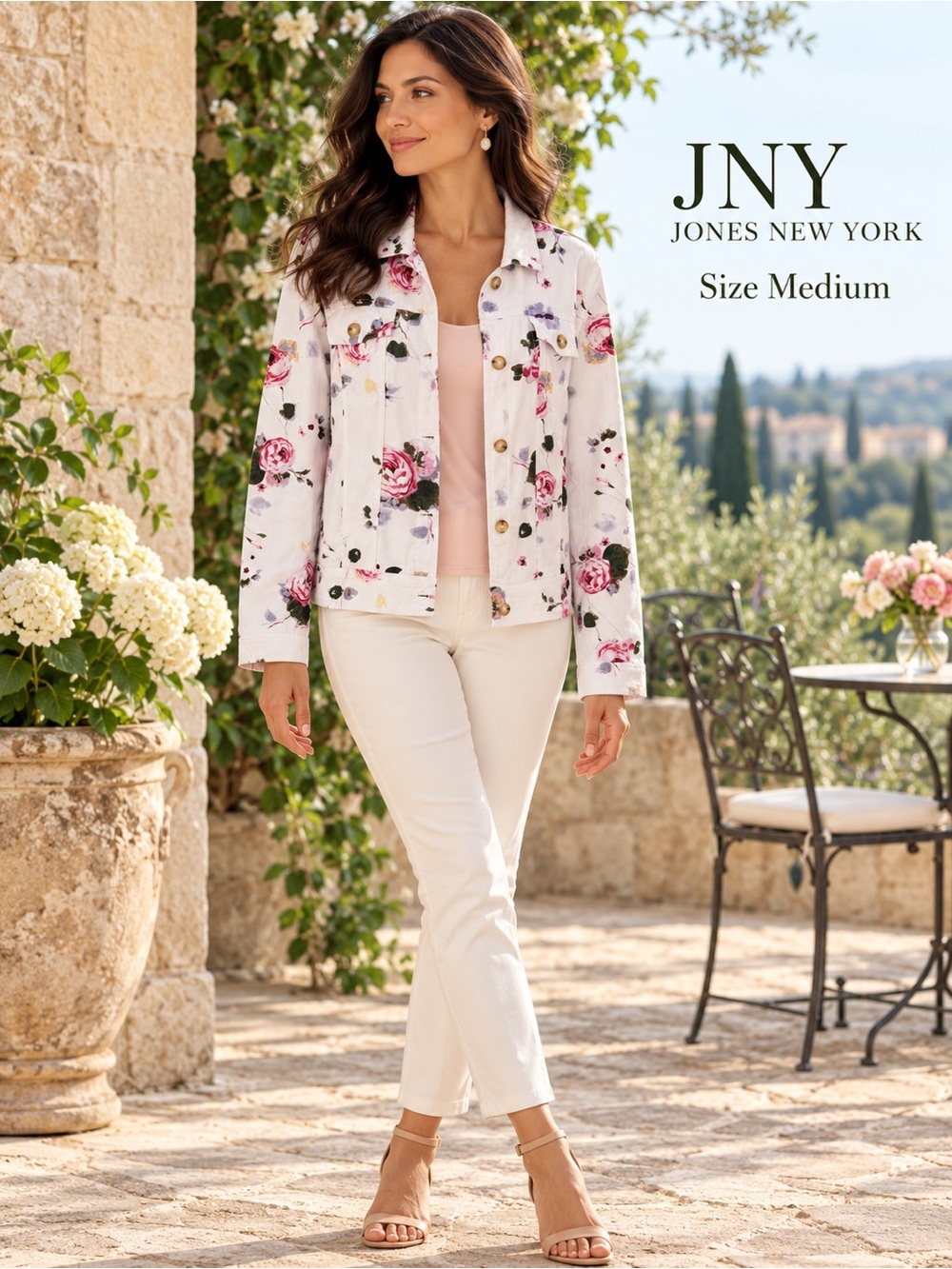 JNY Jones New York Floral Linen Blend Jacket Pink Roses Size M